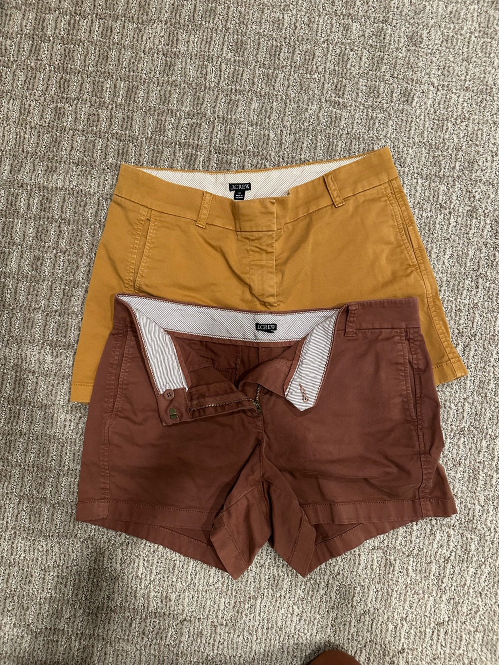 Women’s J. Crew Flat Front Shorts Duo in Mustard Chocolate Brown.